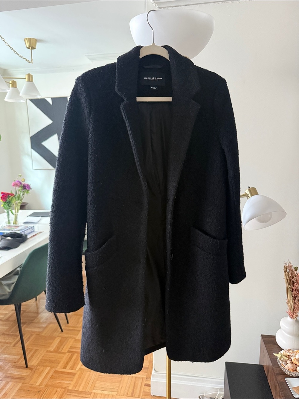 Marc New York Black Bouclé Pea Coat with Notch Collar